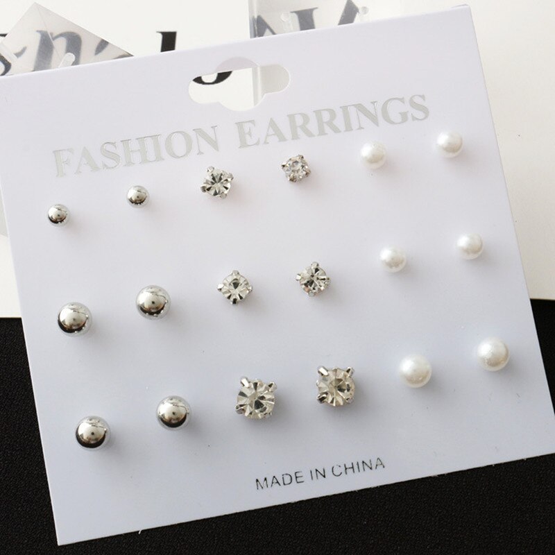 1 sæt runde firkantede krystal guld farve ørestikker simulerede perle kugle sølv farve øreringe sæt til kvinder smykker