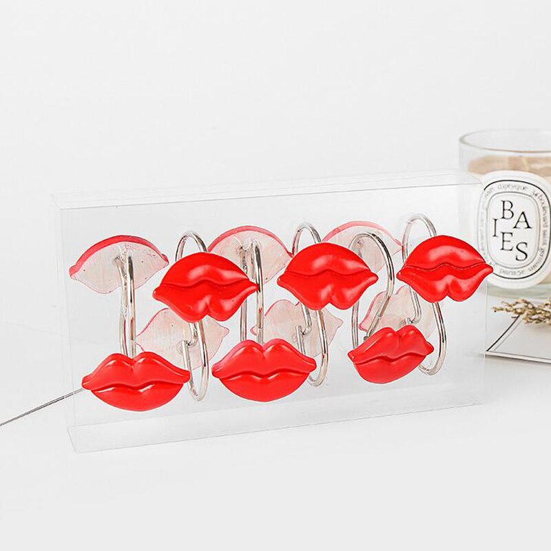 Badeforhæng bling kroge ringe dekorative røde læber harpiks rullende badeværelse badesæt  of 12 ringe