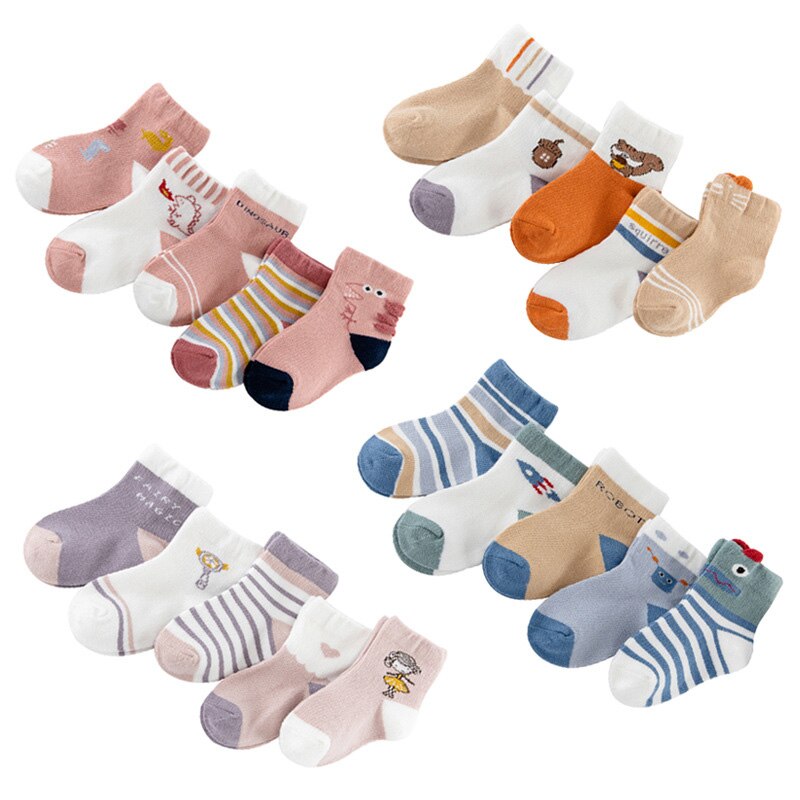 5pcs Baby Socks Boys Girls Sock Soft Cotton Cute Cartoon Pattern Kids Socks Suitable For 1-12Y