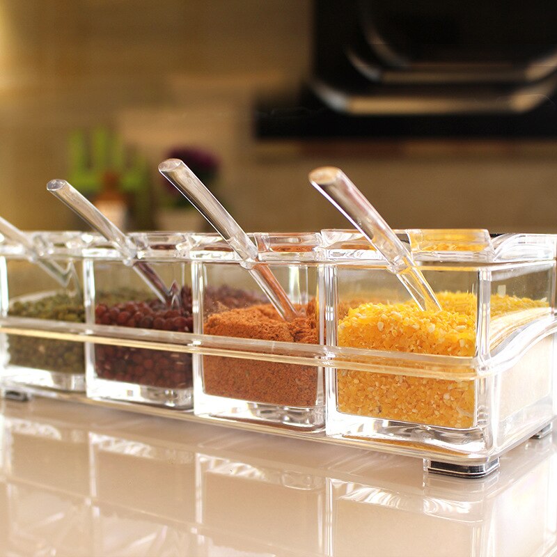 Estante de condimentos claro macetas de especias para el hogar caja de condimentos de acrílico recipiente de almacenamiento tarros de condimento Cruet con cubierta y cuchara