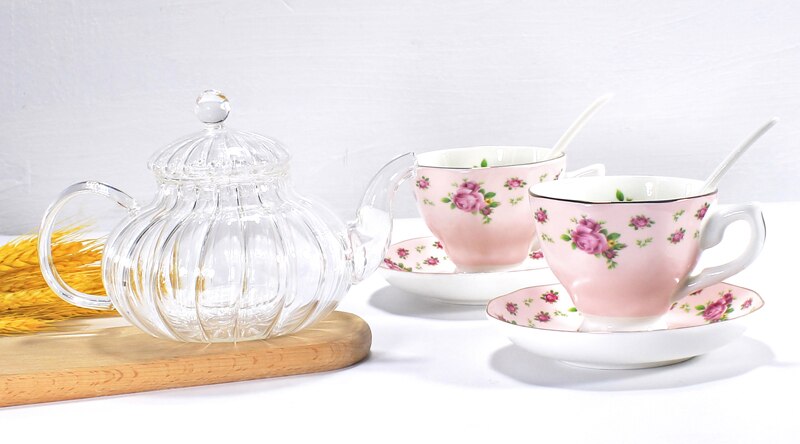 3Pcs Set, Glas Pompoen Koffie Pot En Bone China Espresso Cups, Porselein Pitcher, bloemen Thee Set, Tazas Cafetaria Koffie Set