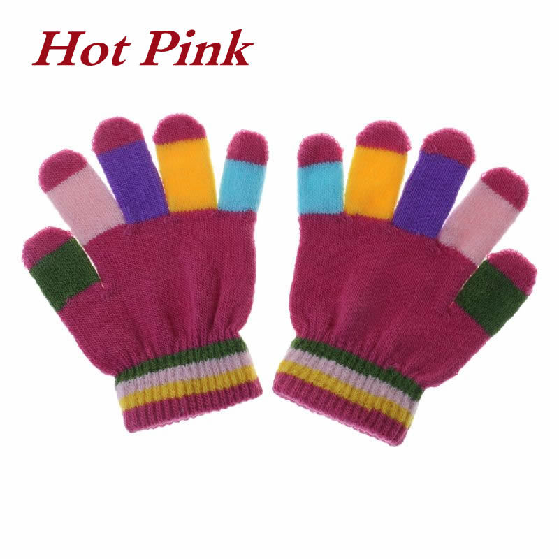 1 par børnehandsker fuldfinger varm vinter børn farverige stribe strikkede drenge piger solid handske flerfarvet elastik: Hot pink