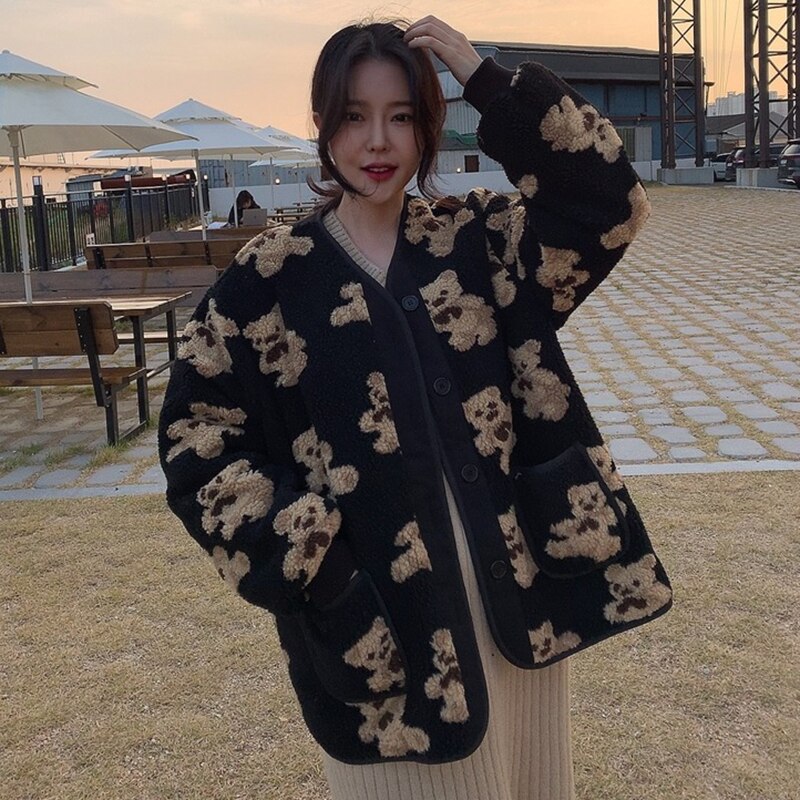 Gagarich-Chaquetas de estilo coreano Ins para otoño e invierno, Impresión de caricatura de oso, cuello en V, Chaqueta de punto cálida de un solo pecho, abrigo corto