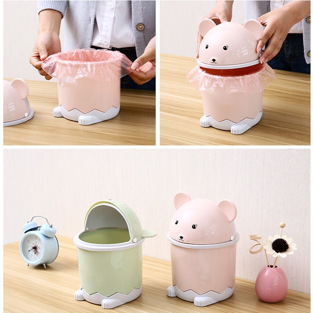Cubo de basura Kawaii de oso de dibujos animados, Mini cubo de basura portátil, contenedor de almacenamiento