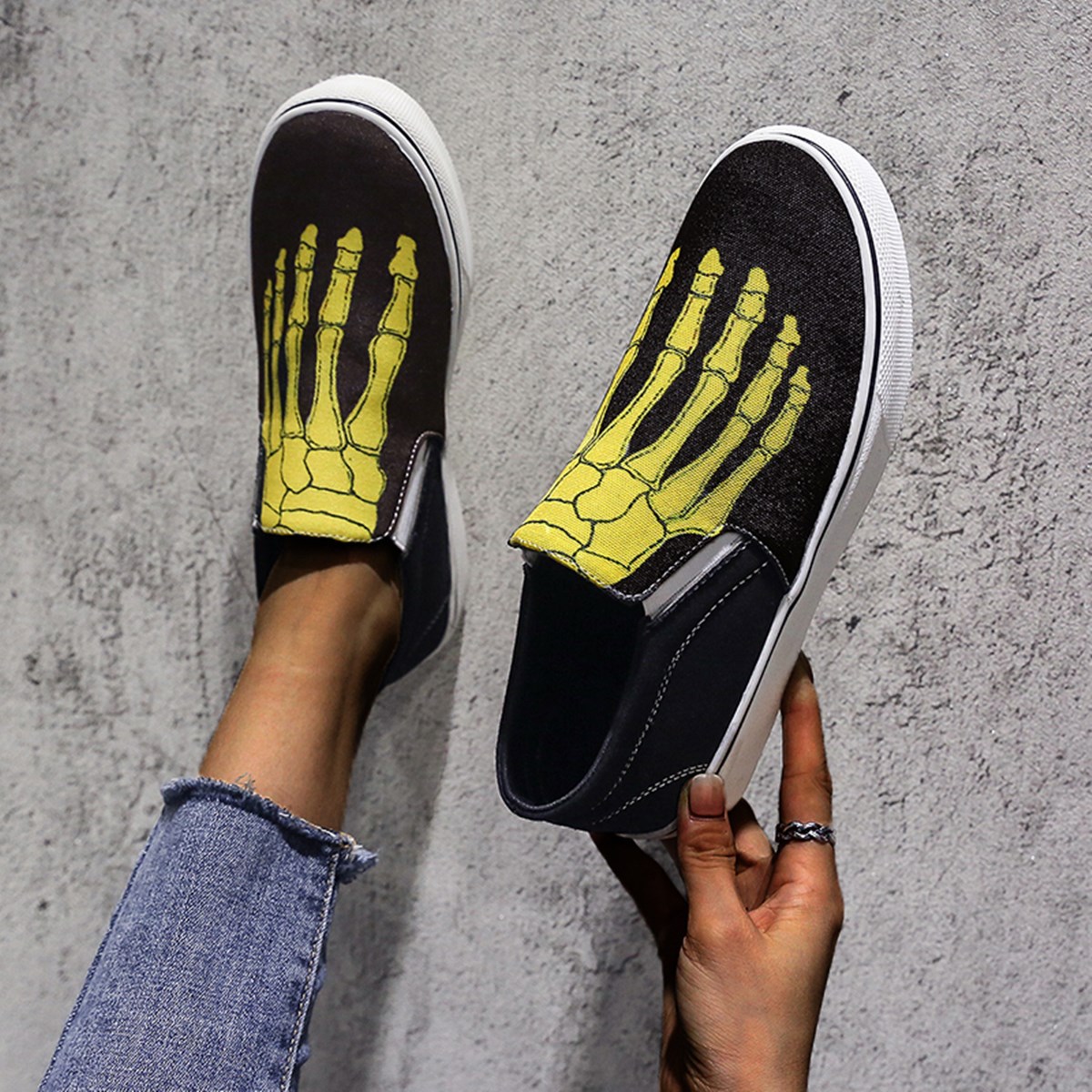 Wen unisexe sans lacet chaussures personnalisée crâne pied squelette peint à la main toile baskets noir chaussures plates bas plate-forme Plimsolls