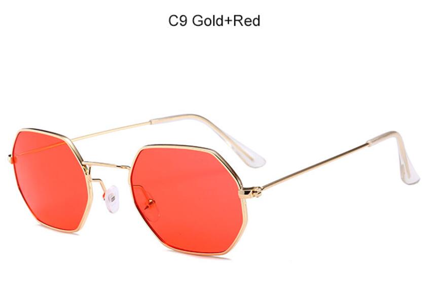 90's hexagon zonnebril vrouwen classic Platte Lens Clear Zonnebril mannen mannelijke retro kleine metalen frame zonnebril vierkante glazen: C9 Gold Red