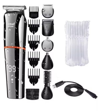 Kemei km -5898 11 in 1 grooming kit för hårsalong herr tvättbar och laddningsbar hårtrimmer: Silver-