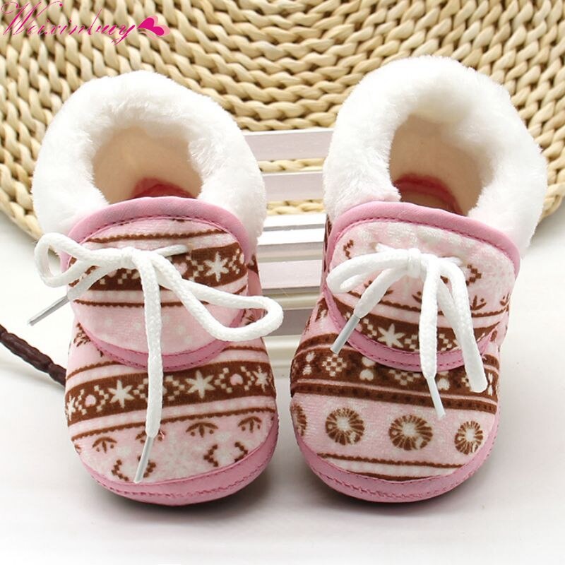 Warm Prewalker Boots Toddler Girl Boy Crochet Print Fleece Boot Lace Up Wool Snow Crib Shoes Winter Booties