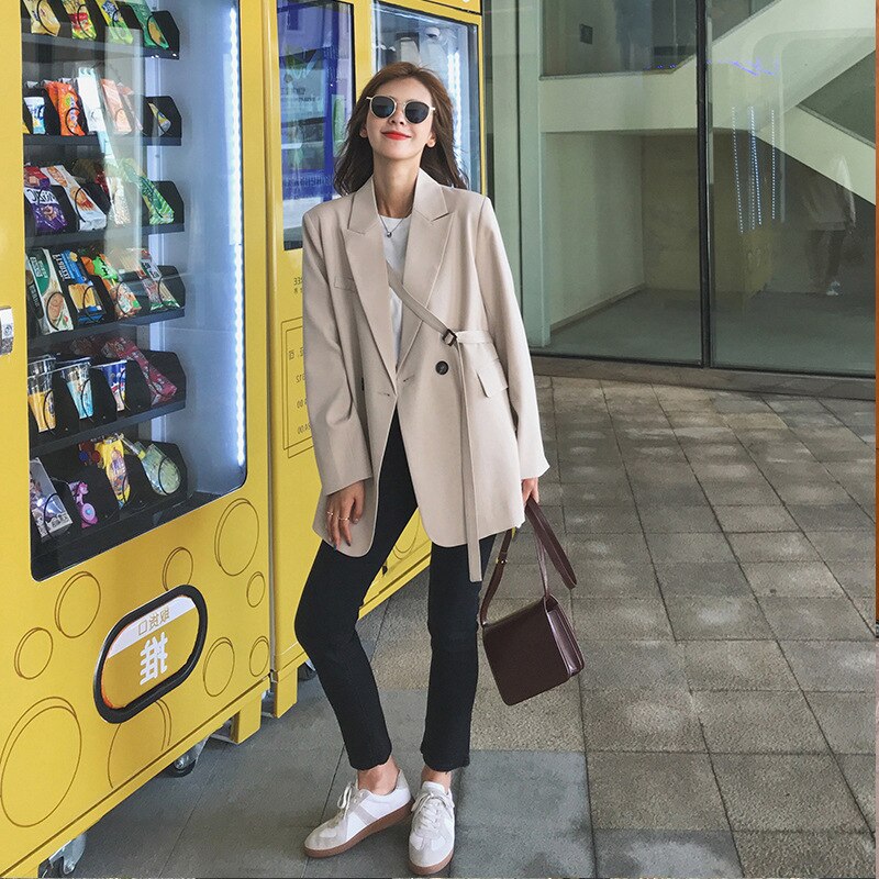 [DEAT] automne femmes Blazer manteau à manches longues revers col bureau dame sauvage en vrac solide laçage vestes TU247: beige / S