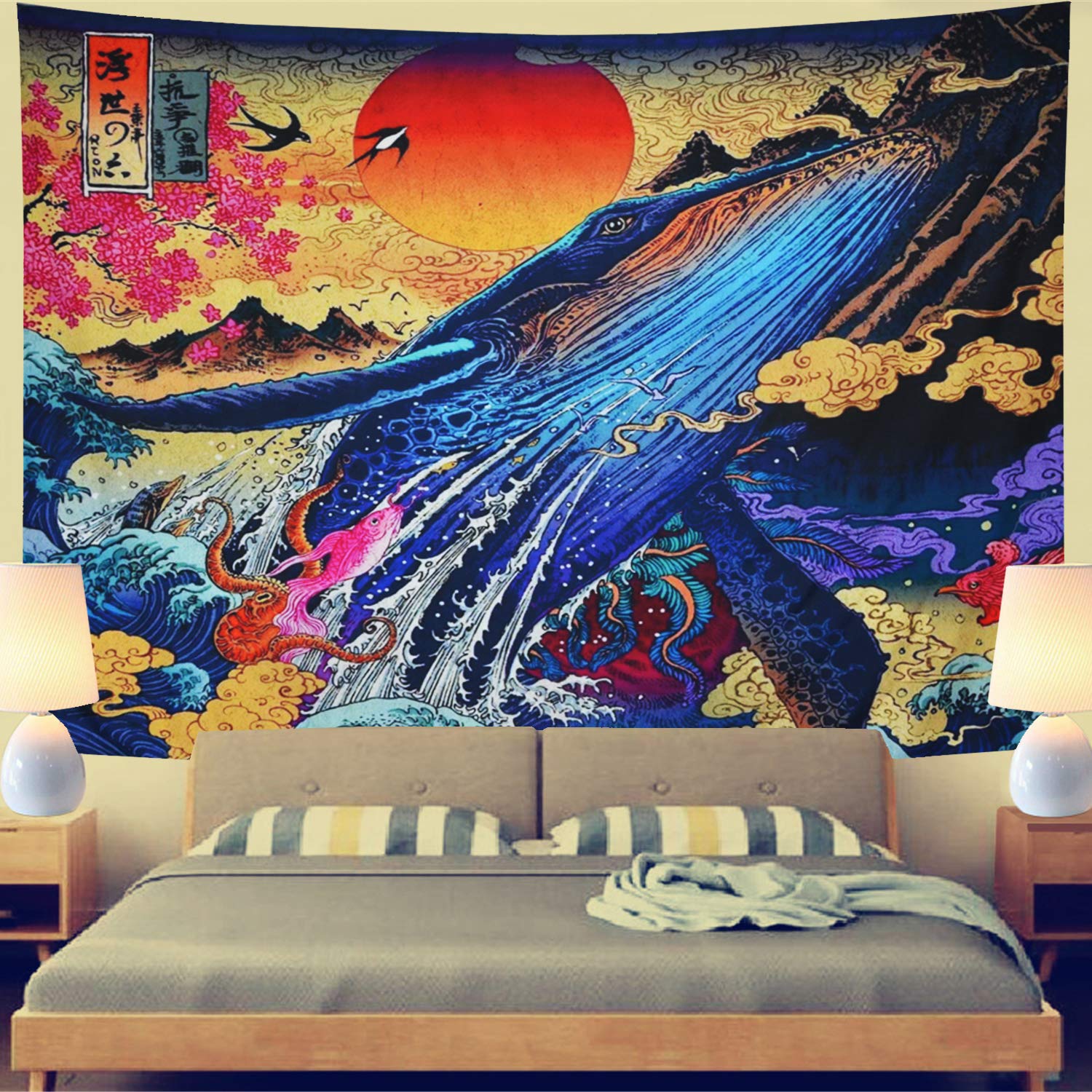 Auringonlasku suuri aalto valas tapetry japanilainen taide valtameri maisema wall hanging