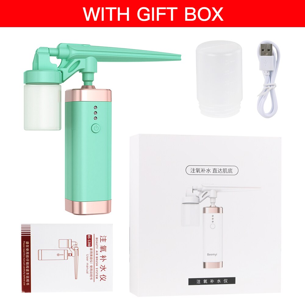Oxygen Injection Moisturizing Beauty Machine Spray Portable USB Charging Nail Art Face Paint Cake Wireless Beauty Air Brush: Green with gift box