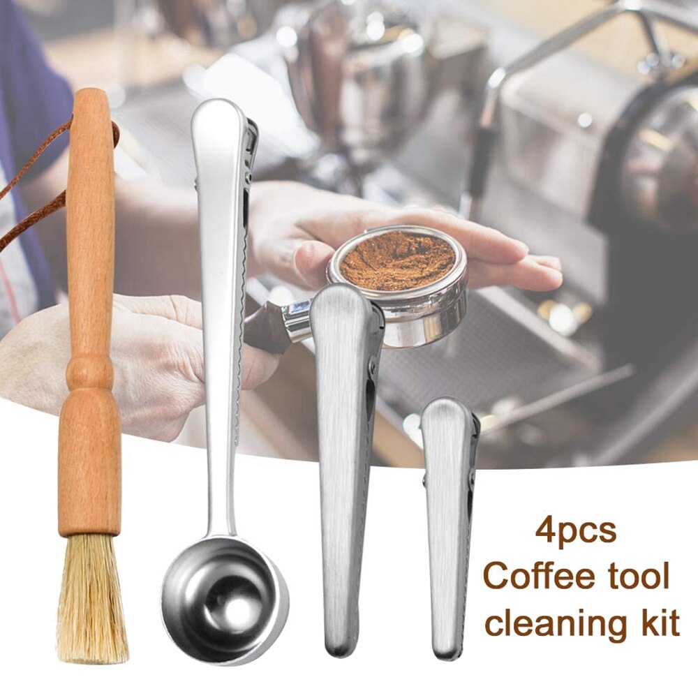 4 Stuks Koffie Tool Set Reinigingsborstel Rvs Grinder Lepel Clips Met Opbergtas Voor Thuis Keuken