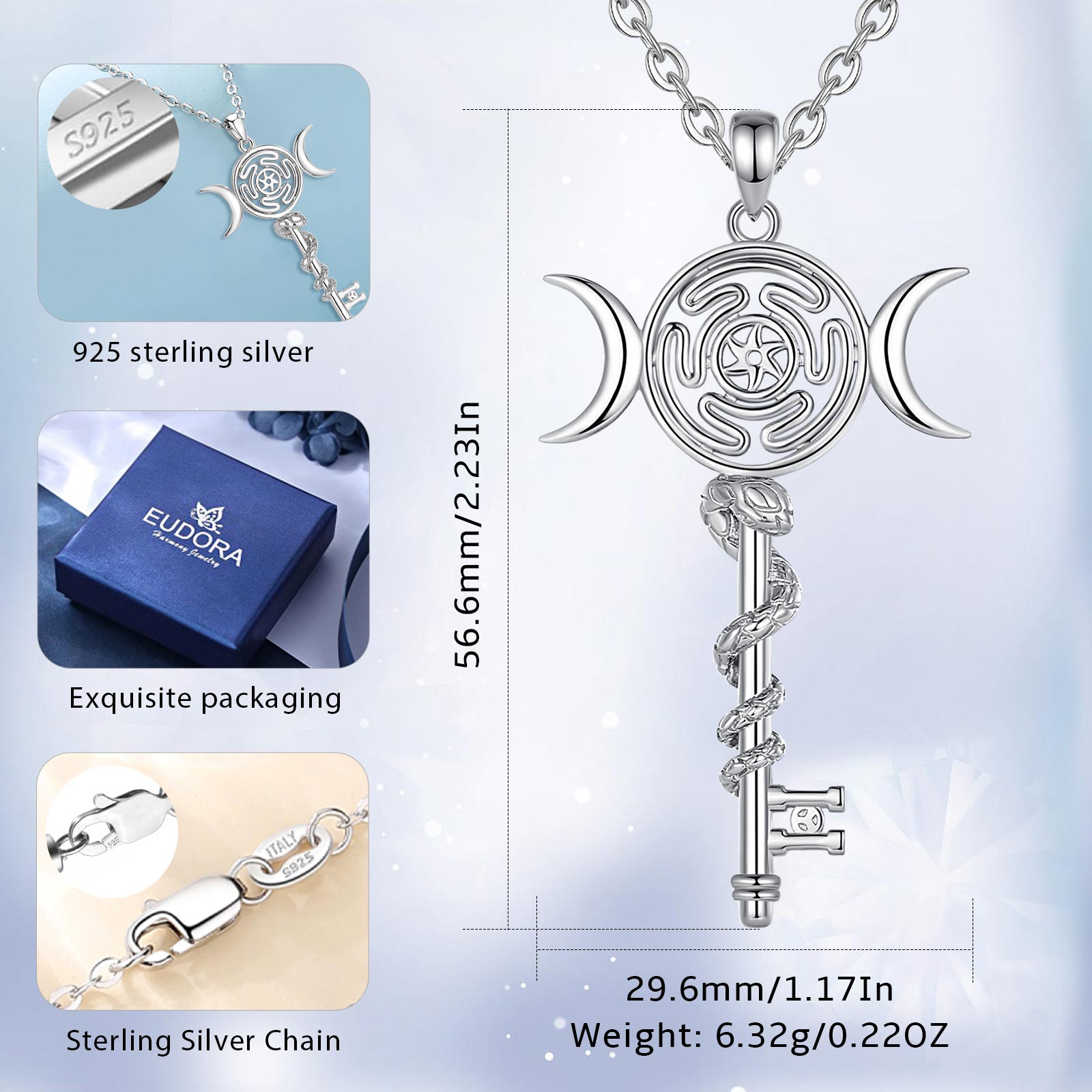 Eudora 925 Sterling Silver Hekate Wheel Necklace for Women Snake Key Triple Moon Goddess Pendant Witch Jewelry Personality