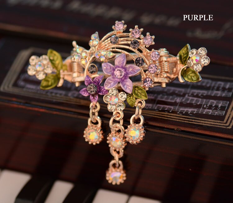 Cerveja de cabelo com strass e flores, acessório chique de grampo de cabelo vintage para mulheres: purple