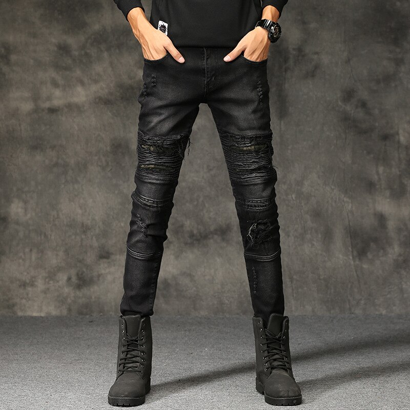 Men jeans denim high street ripped knee black slim stretch pants straight motorcycle washed trousers