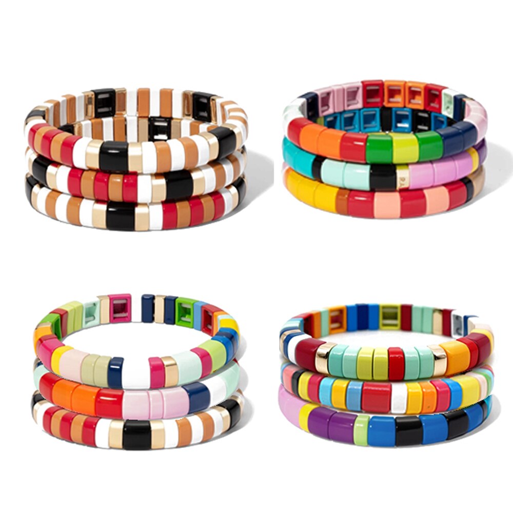 Kelitch Regenboog Armband Kleurrijke Emaille Kralen Armband Met Elastiek Tegel Enamel Armband Manchet Armbanden Voor Vrouwen