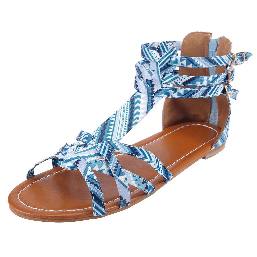 National Wind Sandals Bohemian Style Sandals Large Size Contrast Women Shoes ladies sandals flat sandalias mujer #G30: Blue / 6