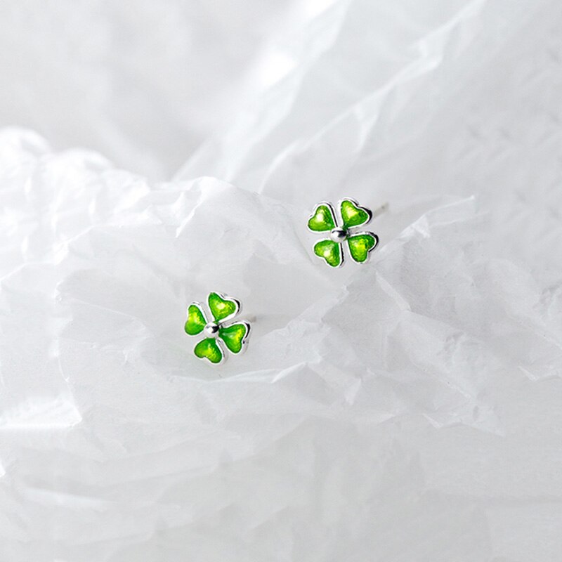 INZATT Real 925 Sterling Silver Minimalist Enamel Clover Stud Earrings For Women Cute Fine Jewelry Lucky Accessories