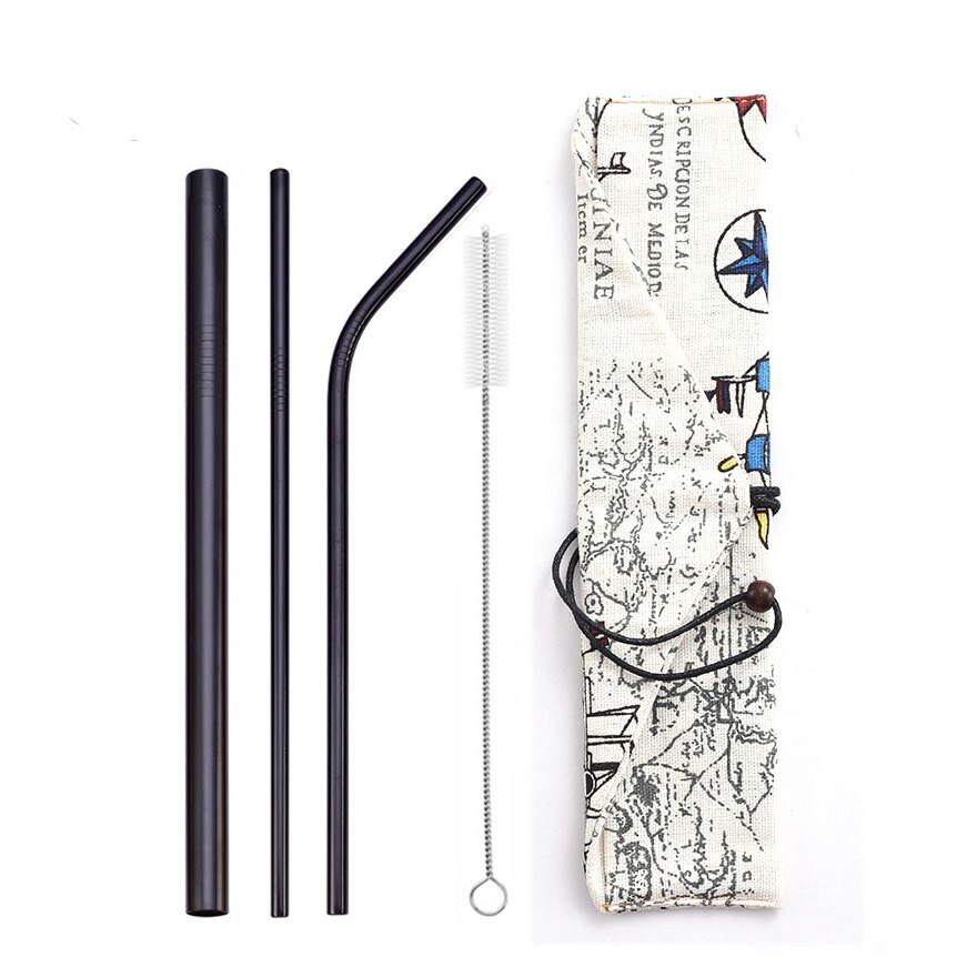 Reusable Metal Drinking Straws 304 Stainless Steel Straw Bent Straight Smoothies Straw with Cleaning Brush Bar Party Accessory: black-bag6