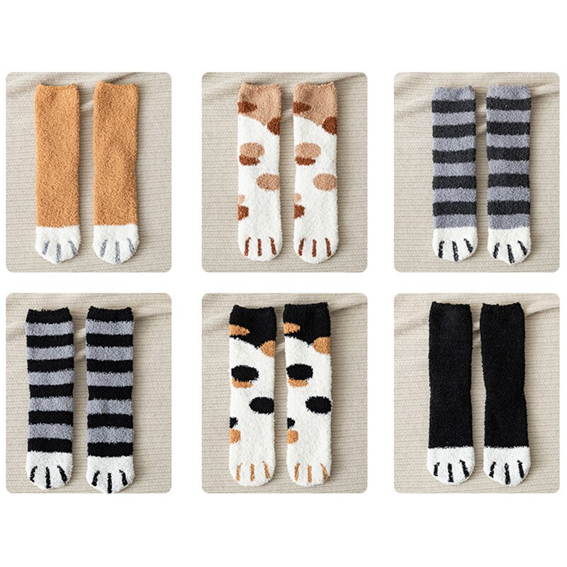 Women Plush Fleece Socks Cartoon Cat Claws Thickened Autumn Winter Warm Socks WHShopping