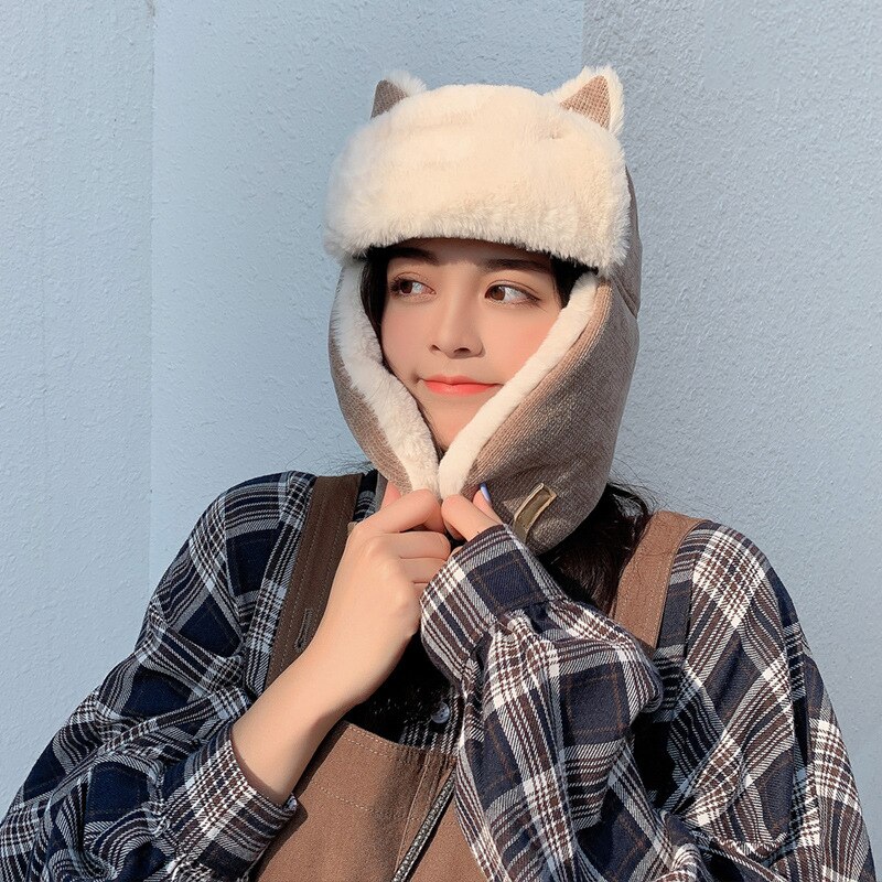 Nowe zimowe kobiety kocie uszy bombowiec kapelusz ciepły lotnik policjant Earflap zimowe klapy kask narciarski stałe puszyste futro czapka nakrycia głowy czapeczka