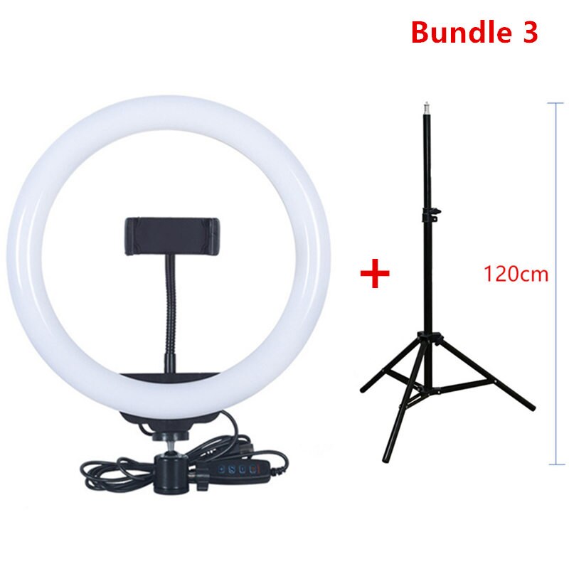 26cm/10in led selfie anel luz regulável anel lâmpada foto câmera de vídeo telefone luz para youtu vlog luz de preenchimento opcional com tripé: Bundle 3