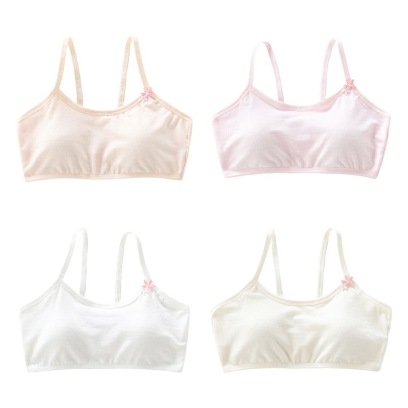 Teenager Puberty Girls Cotton Training Bra Spaghetti Straps Wire Free Sports Underwear Lightly Padded Embroidery Floral Applique