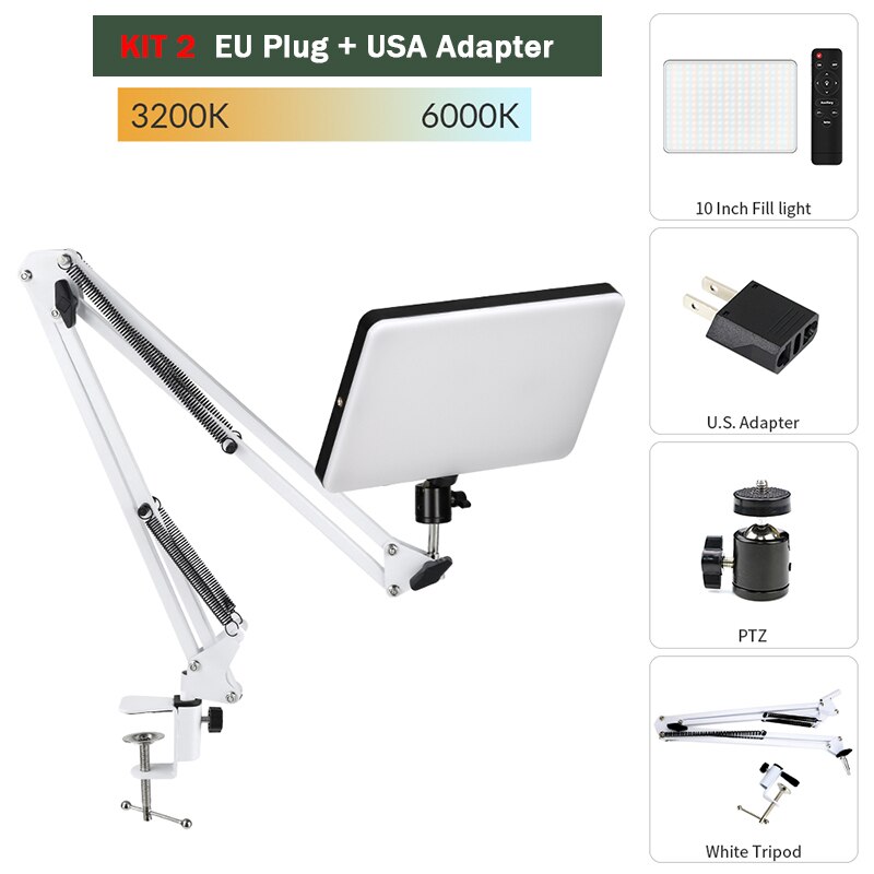 10inch LED Video Light Panel EU Plug USA Adapter 3200k-6000k Photography Lamp Panel 360 Degree Long Arm Holder For Photo Studio: Kit 2