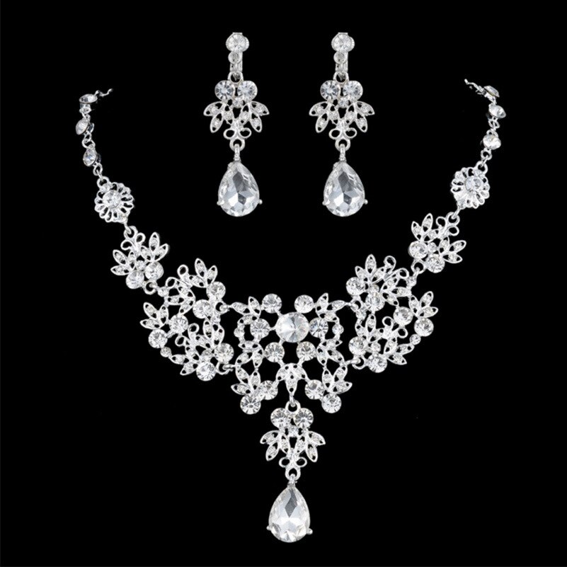 Conjunto de joyas para novia, Set de joyas de cristal, Tiara, corona, pendientes, Gargantilla, collar, boda, Dubái, oro, rojo, azul, verde, Barroco: 2Pcs White Jewey Set