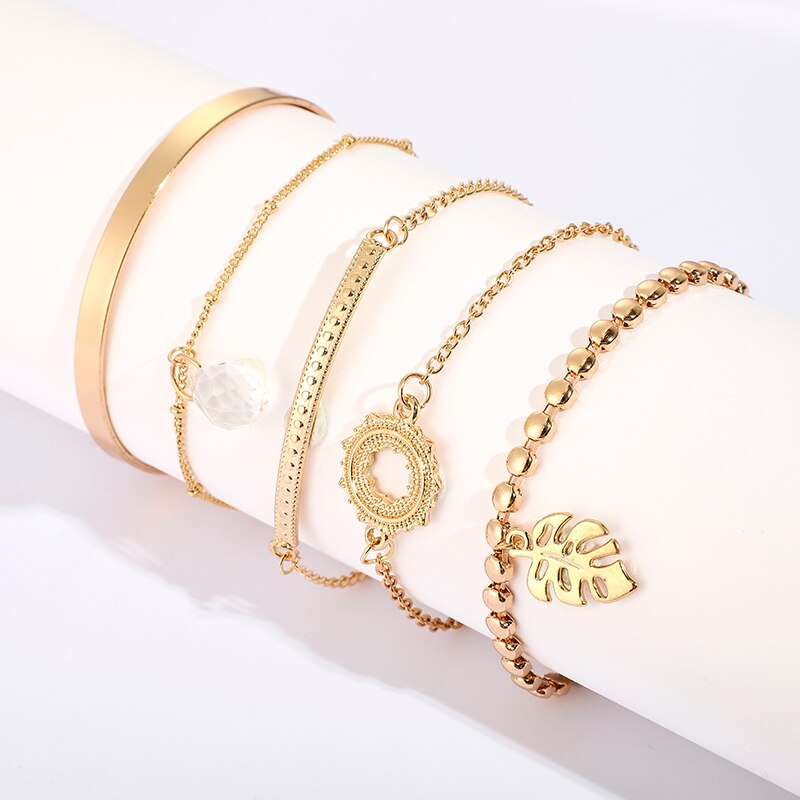 Tocona 5 stks/set Bohemen Zon Maan Bladeren Armband Set Vintage Charm Gold Armbanden Ketting rvs Sieraden voor Vrouwen 8793