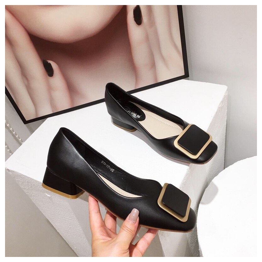 Zapatos planos de bailarina para mujer, bailarinas informales de trabajo, de tacón bajo, mocasines cuadrados con hebilla de Metal: Black / 6