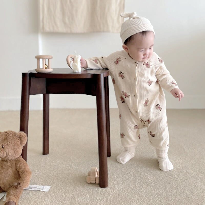 MILANCEL 2022 Frühling Neue Baby Jungen Kleidung Neugeborenen Ronper Bär Druck Gesamt Langarm Outfits Baby Mädchen Ein Stück