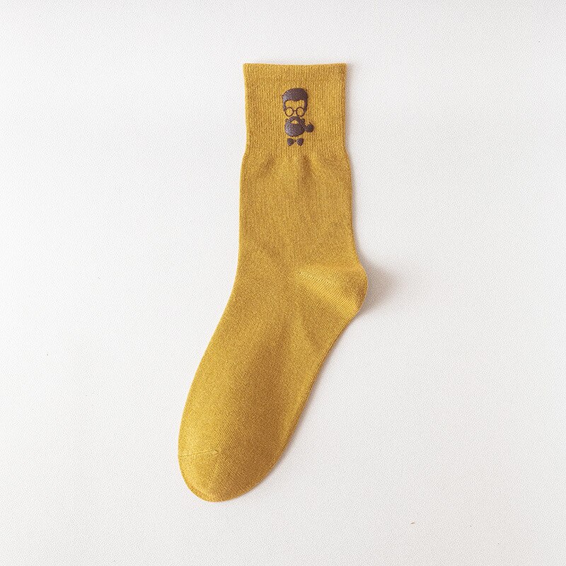 Chaozhu bomull #39 coola tecknade skägg glasögon yuppie ootd manliga strumpor höst vinter crew sox: Gul