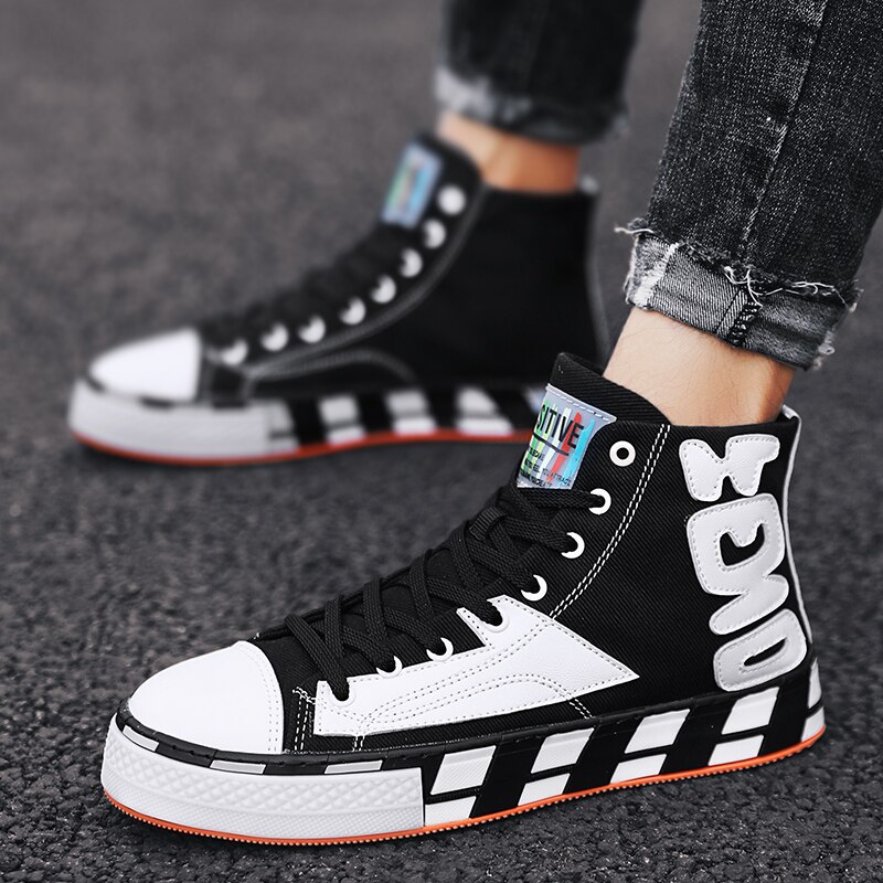 Luozheke herenschoenen lente en herfst heren high-top gevulkaniseerde schoenen student casual schoenen skate canvas schoenen sneakers: Zwart wit / 9.5