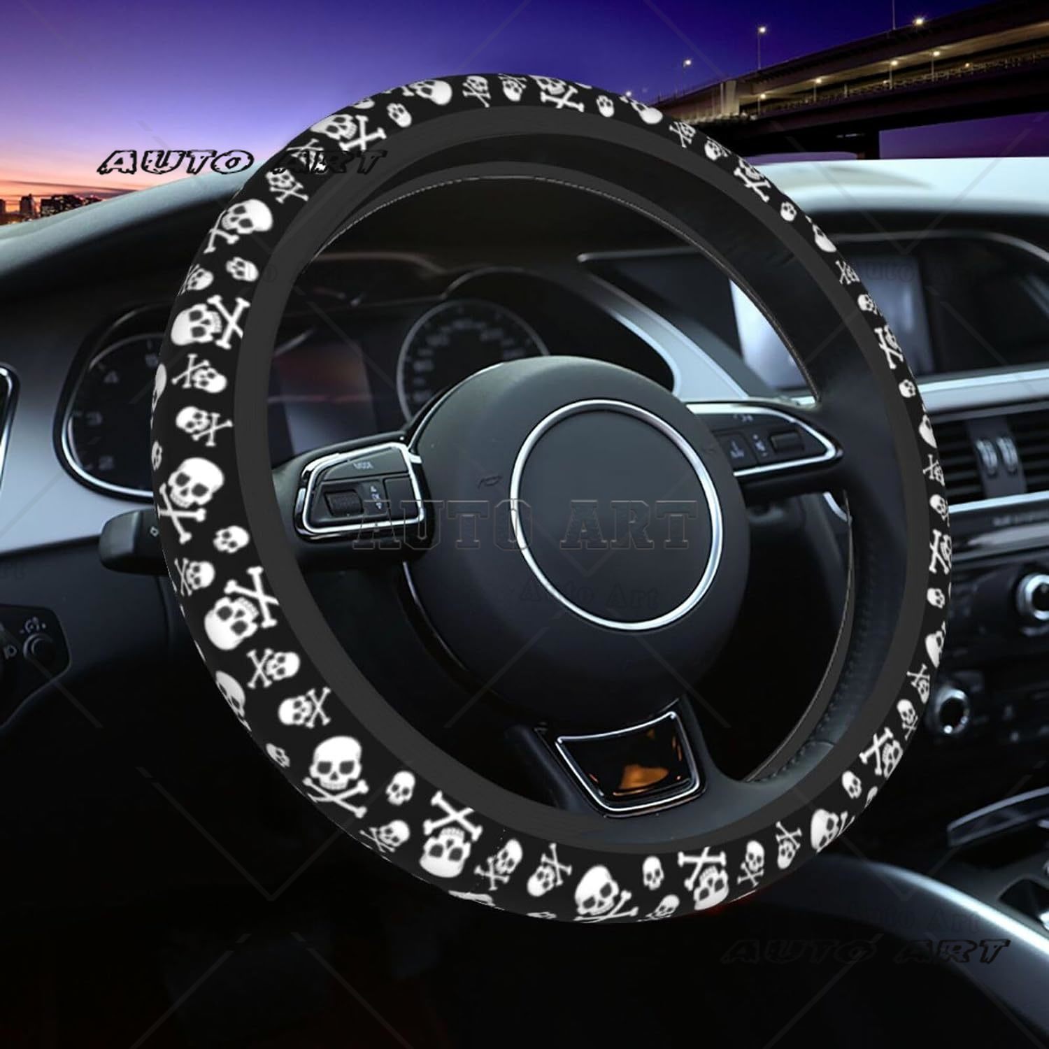 Steering Wheel Cover White Skull Goth Horror Black Neoprene Steering Wheel Protector Universal Fit Most Car Sedans 15 Inch: silver