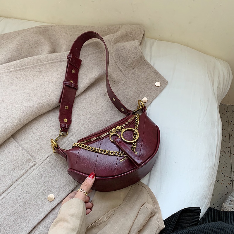 PU Leather Hobos Small Chains Crossbody Bags Womens Chest Messenger Bag Lady Solid Cell Phone Handbags and Purses: Burgundy