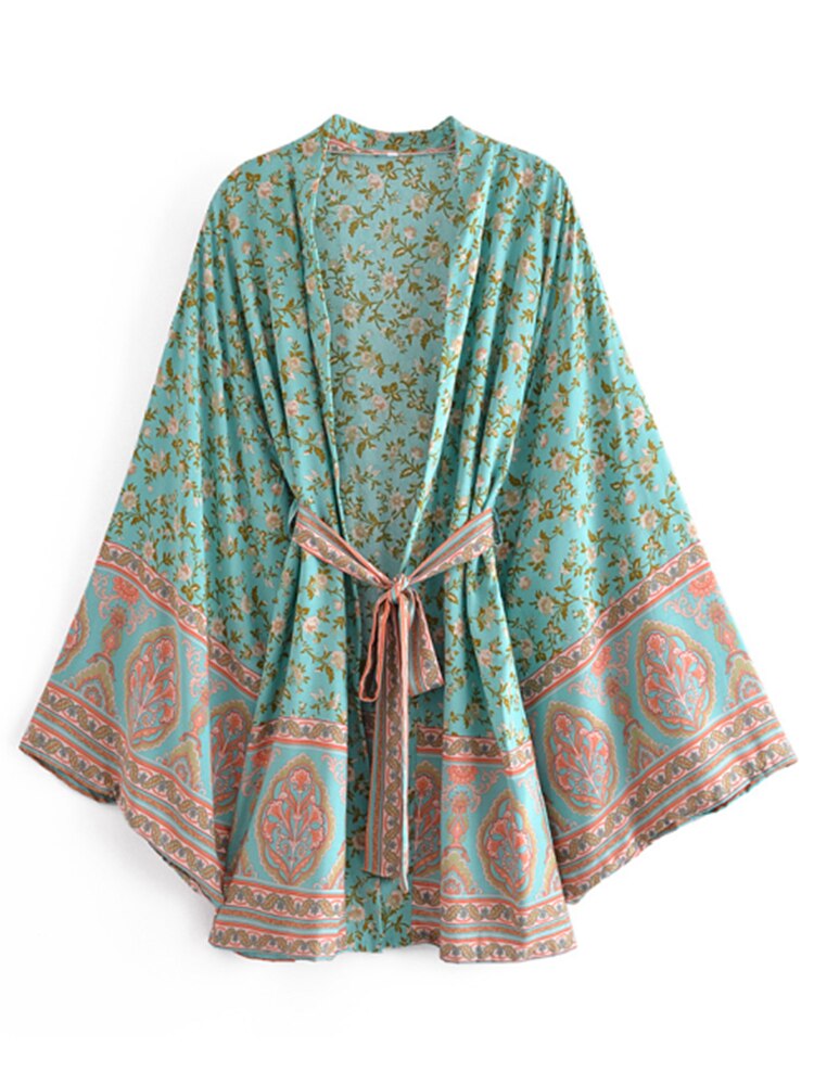 Boho vintage skære med flere blomsterprint kimono kvinder boheme v-hals flagermusærmer rayon bomuld happie kort robe cover-up: M