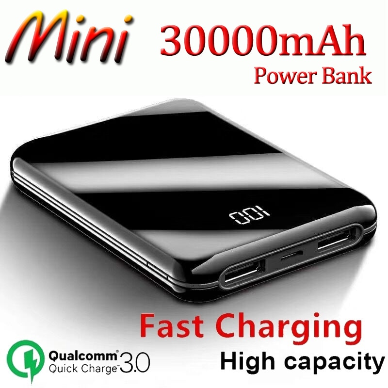 Power Bank 30000mAh Mini Mirror Screen Digital Display Portable Phone Battery Ultra-thin Power Bank Outdoor Travel Charger