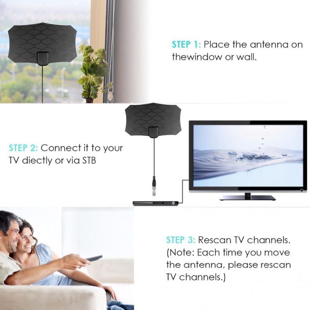 Flat Indoor HD Signal Digital TV Antenna With Amplifier HDTV VHF UHF Black Tv Antenna 80 Mile Range For Digital Tv