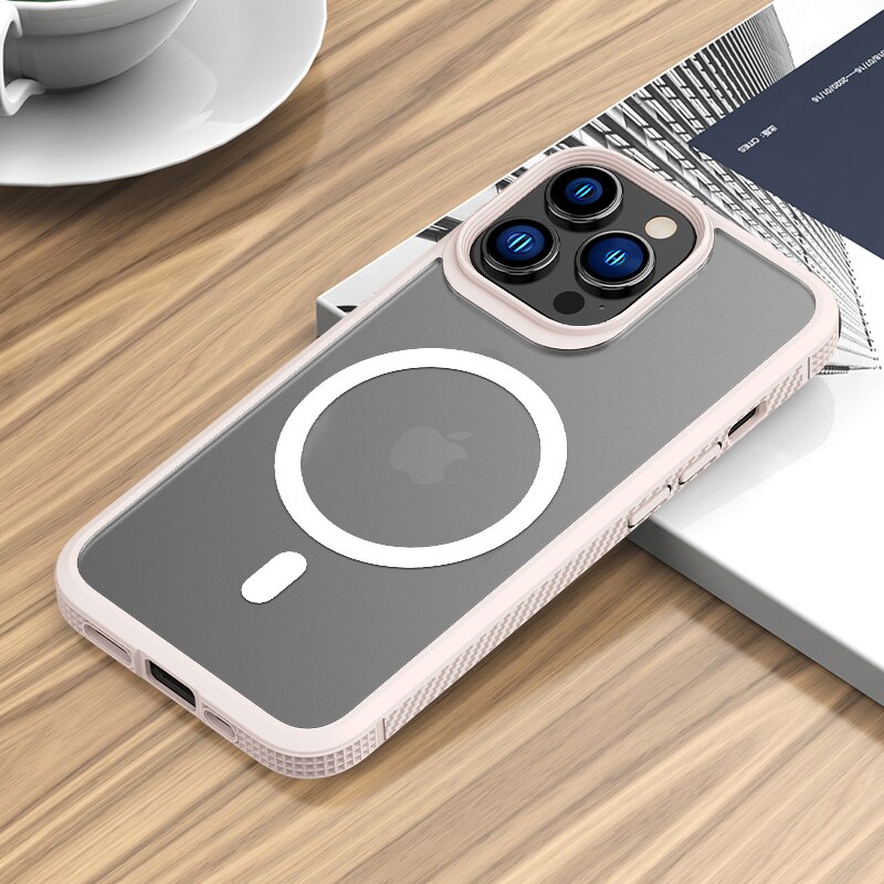 LNIOES für iPhone 13 Magnetische Fall 13 Pro Carbon Faser Matte Transparent Drahtlose Ladegerät Fall Abdeckung für iPhone 13 Pro MAX Fall: for iPhone 13 Pro / Pink