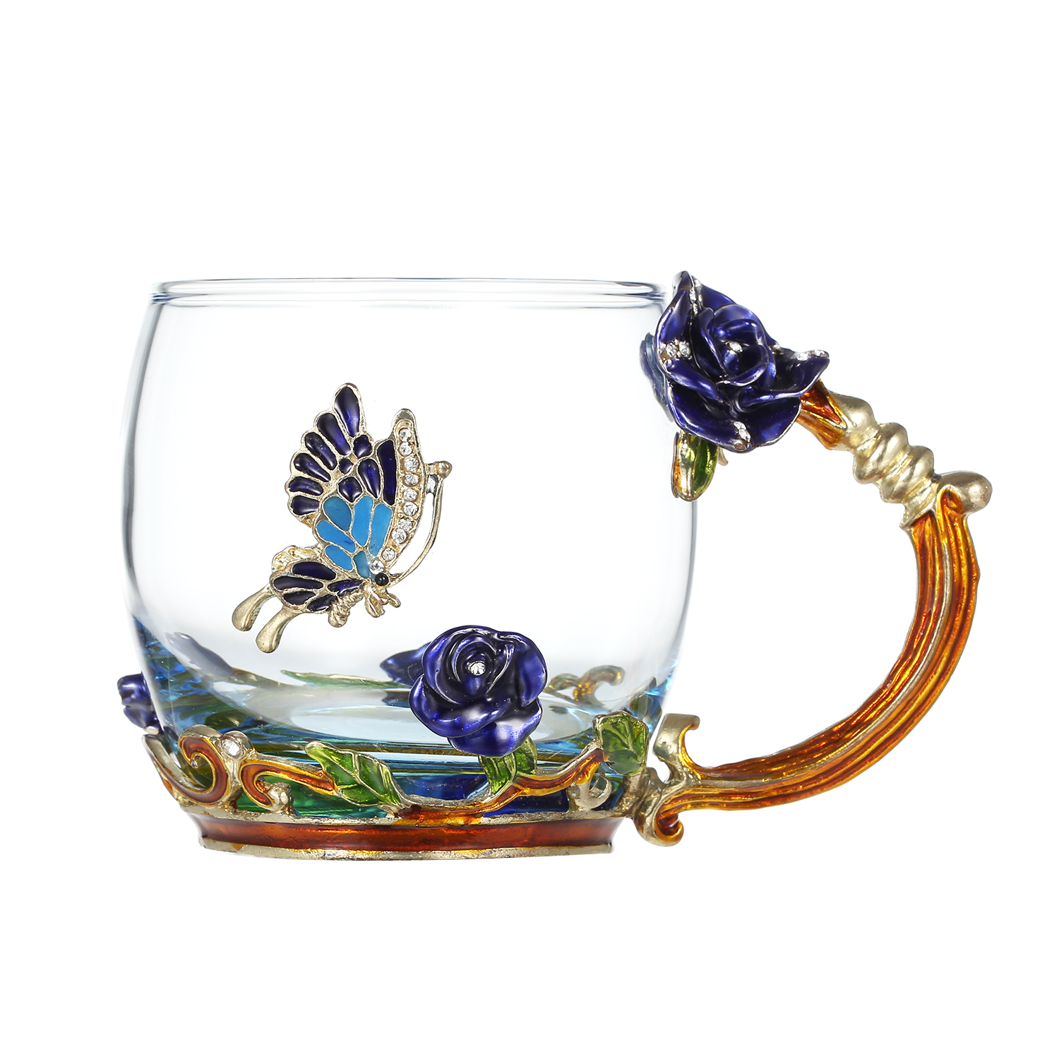 Blå rose emalje håndværksvandkop drikkekrus med hank te kaffekop med ske rengøringsklud sæt: Blå type 2