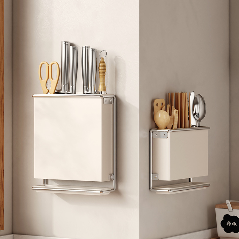 Soporte para cubiertos para encimera de cocina, montado en la pared, sin taladro, cuchillo, organizador de palillos, estante de almacenamiento de drenaje para utensilios de cocina