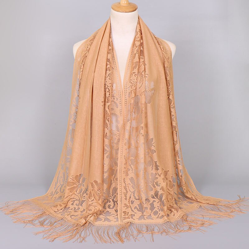 Hollow Out Flower Lace Hijab Sjaal Vrouwen Effen Kleur Vlakte Moslim Hoofd Haar Sjaals Wraps Winter Wit Zwart Rood: CAMEL