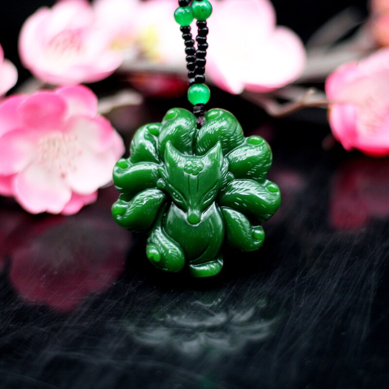 Natural Green Jade Nine Tailed Fox Pendant Necklace Jadeite Chinese Hand-Carved Charm Jewelry Amulet for Women Men