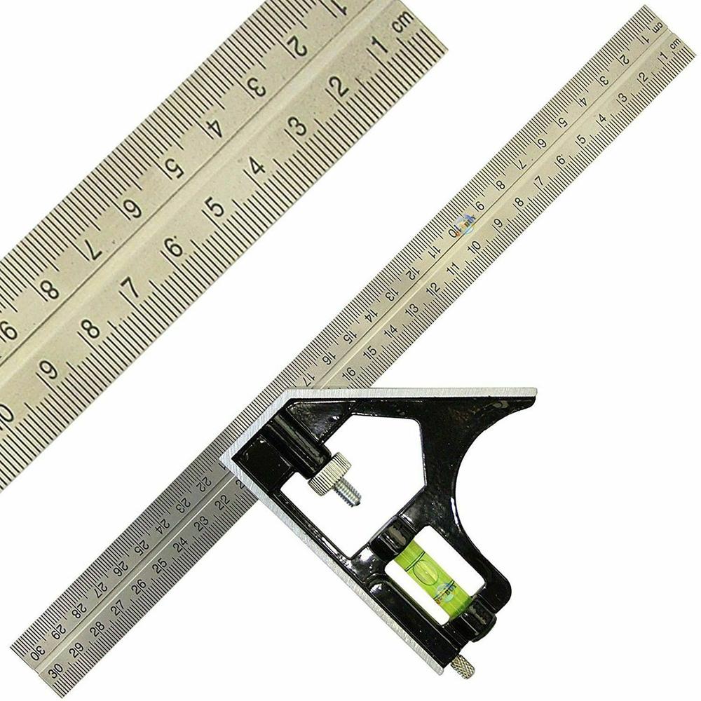 Square Ruler Set Kit 300mm (12") Adjustable Engineers Combination Try None Right Angle Ruler with Spirit Level and Scriber