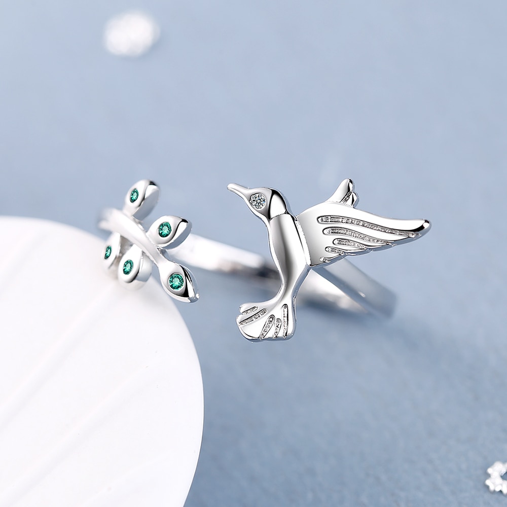 Nehzy S925 Stempel Zilver Vrouwen Mode-sieraden Crystal Zircon Leaf Bird Eenvoudige Opening Verstelbare Ring