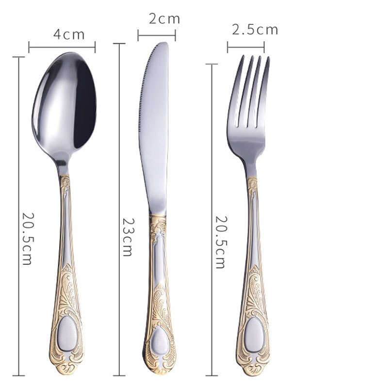 Ruostumattomasta teräksestä valmistetut ruokailuvälineet, korkealaatuiset veitset, haarukat ja lusikat, ruokailuvälineet, kullatut kukkakuvioiset astiat: Uusi 3 kpl