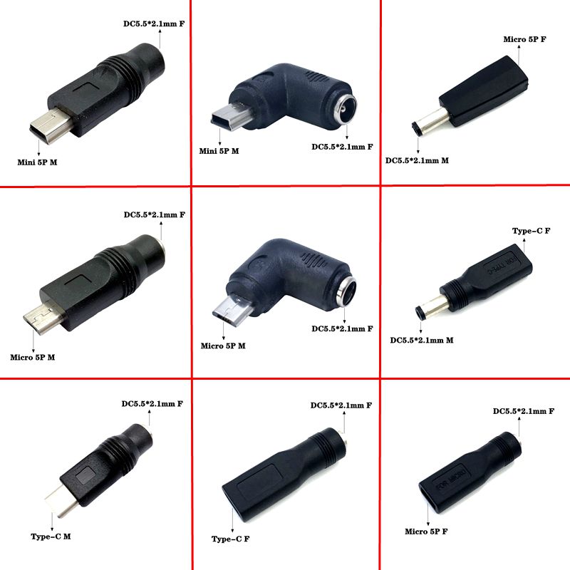 DC5.5 * 2.1mm Male Female To USB Mini 5P Micro 5P Type-C Male Female Adapter Elbow Android Phone DC Power Adapter 5V Interface