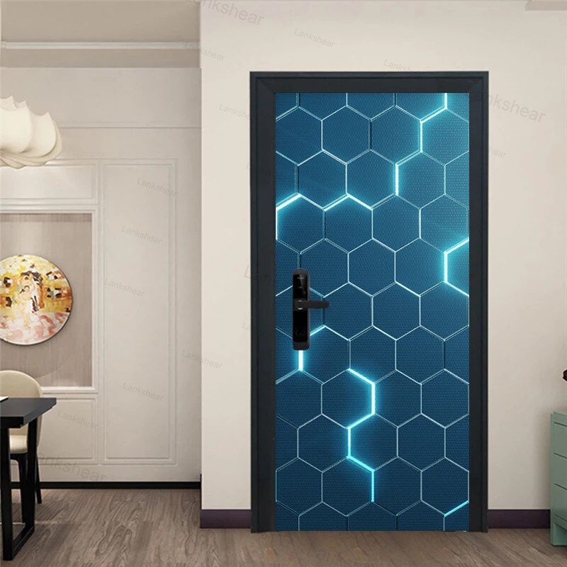 Modern Door Sticker 3D Stereo Abstract Geometric Blue Circuit Door Mural Pvc Self-Adhesive Waterproof Door Poster Decal