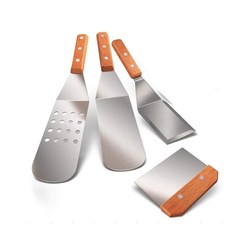 Metall spatel set  of 4,  rostfritt stål grillspatel skrapverktyg set med trähandtag, grill tillbehör kit för teppan